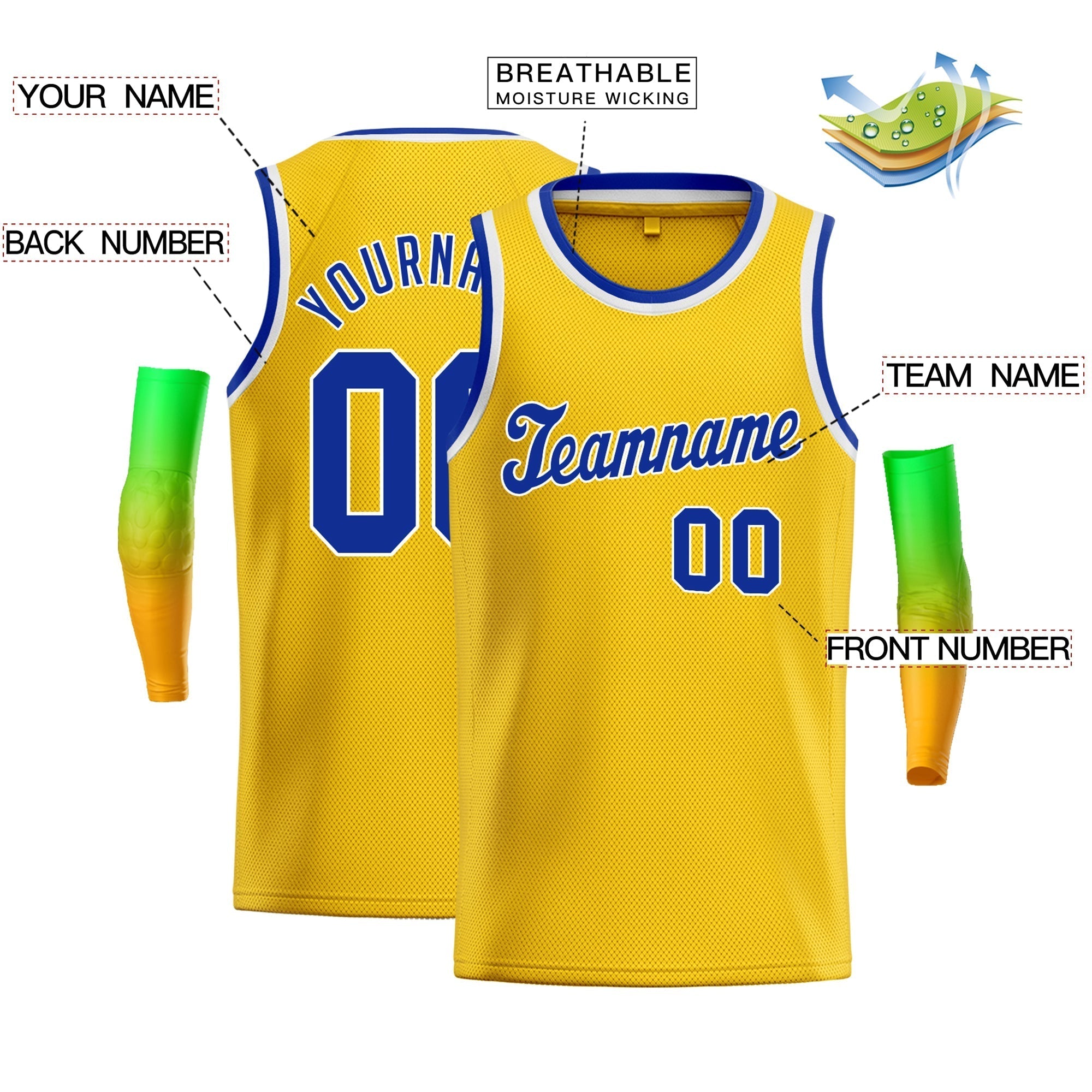 Maillot de basket-ball classique jaune royal et blanc personnalisé pour homme et garçon