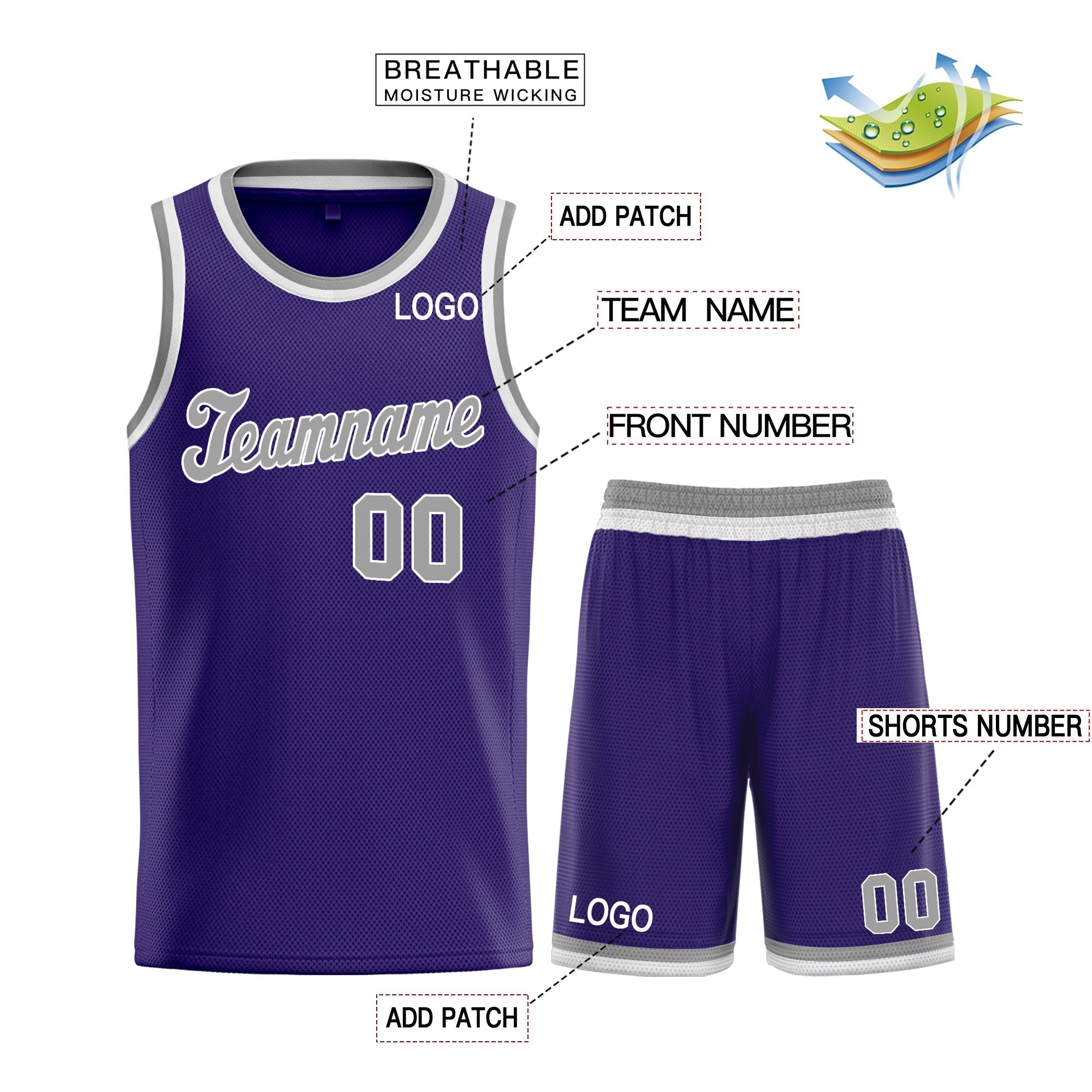 Benutzerdefinierte Lila Grau Klassische Sets Basketball Jersey
