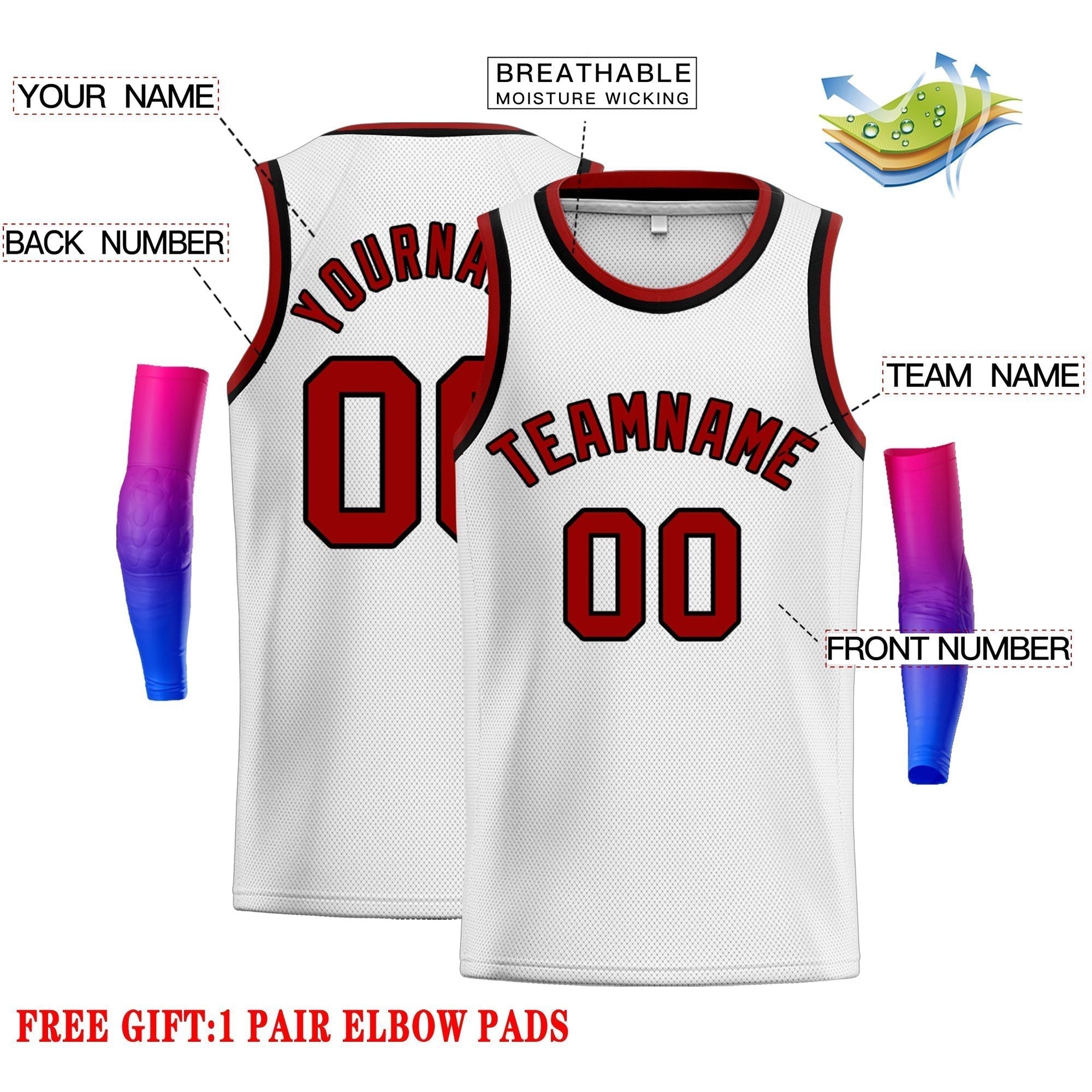 Maillot de basket-ball classique personnalisé blanc rouge-noir pour homme
