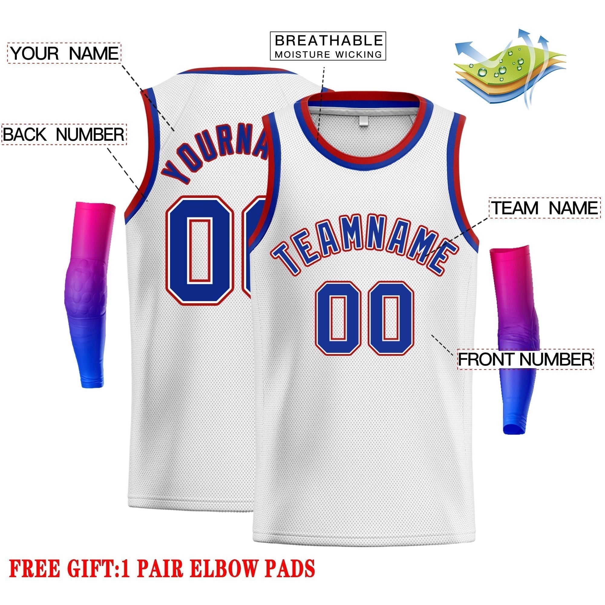 Maillot de basket-ball classique personnalisé blanc royal-rouge pour homme