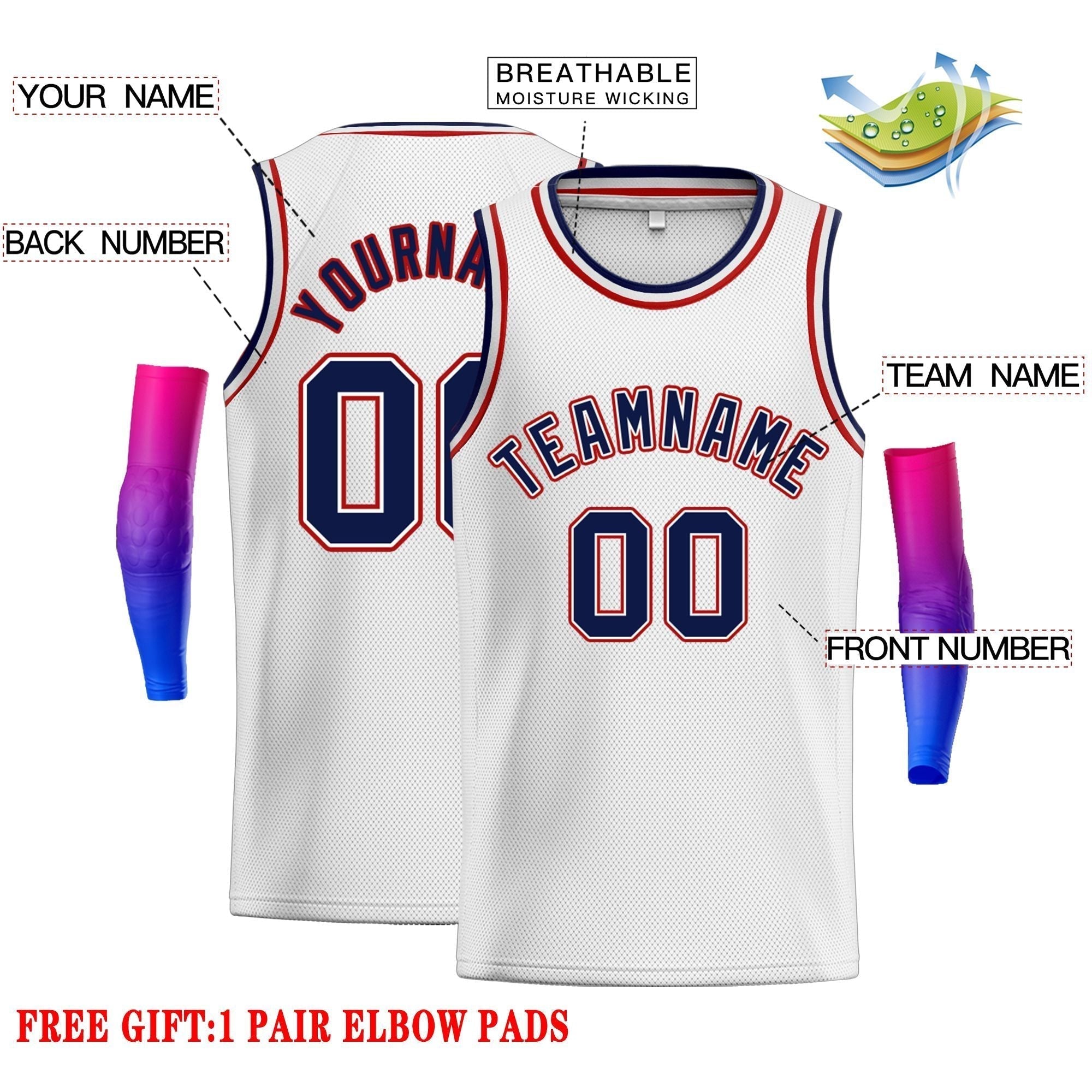 Maillot de basket-ball classique personnalisé blanc bleu marine et rouge pour homme