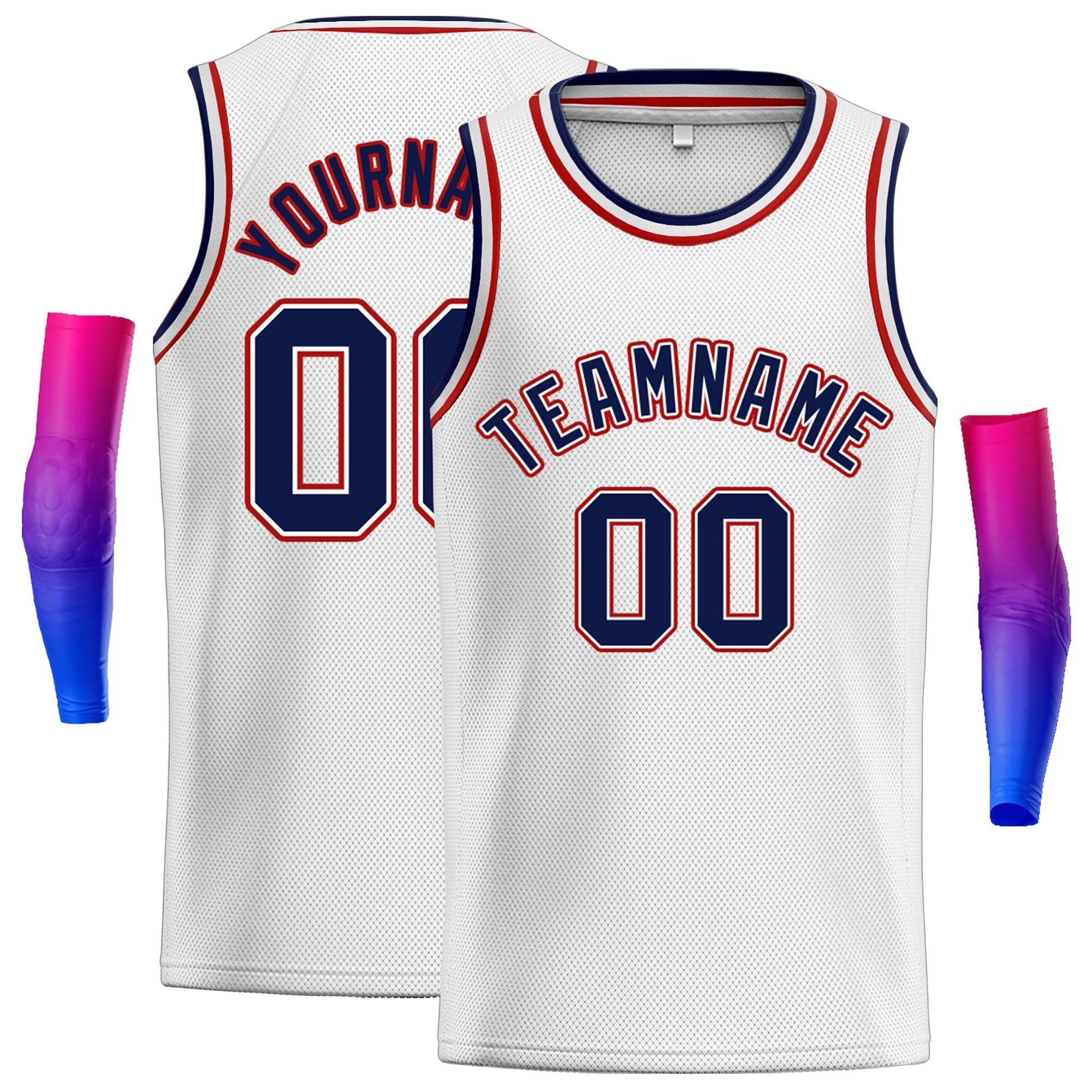 Maillot de basket-ball classique personnalisé blanc bleu marine et rouge pour homme