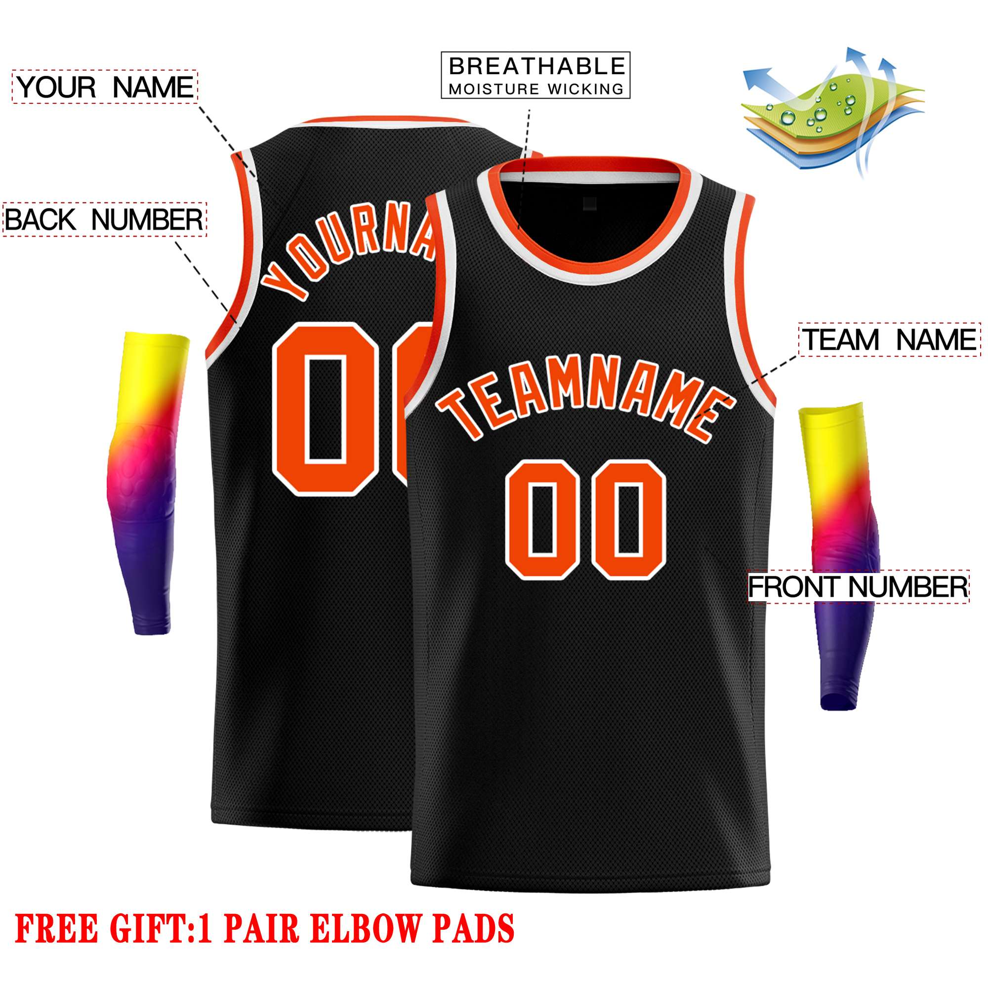 Maillot de basket-ball décontracté classique noir orange et blanc personnalisé