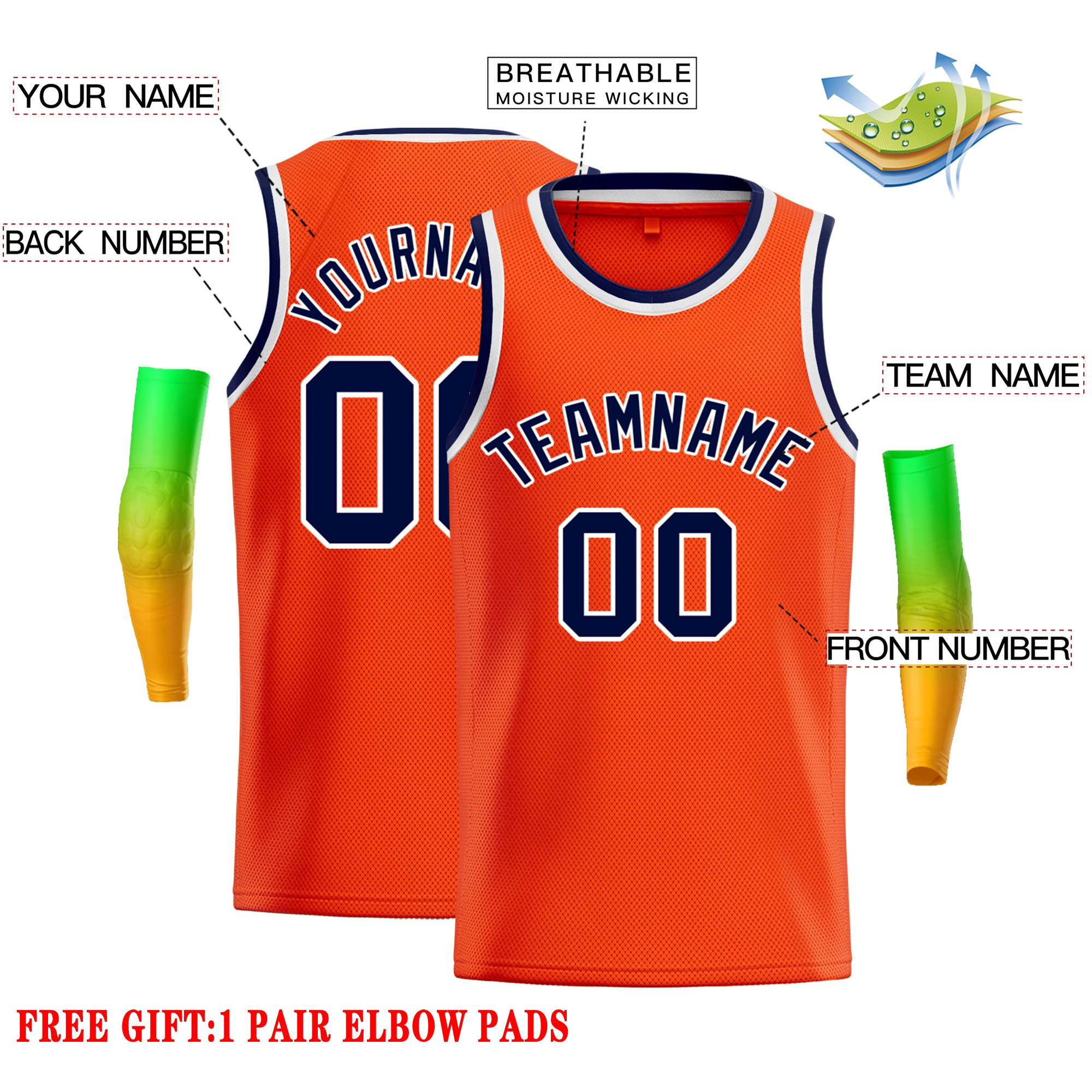 Maillot de basket-ball décontracté personnalisé orange bleu marine et blanc