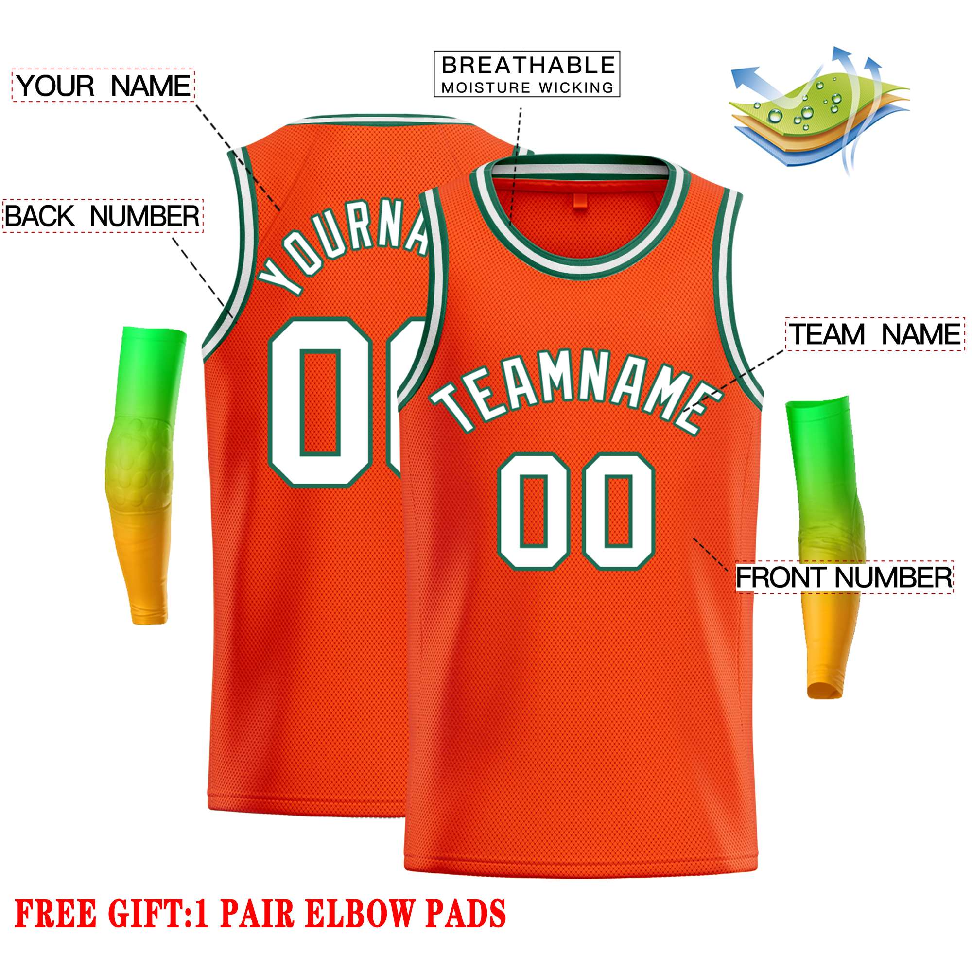 Maillot de basket-ball décontracté personnalisé orange blanc-vert classique