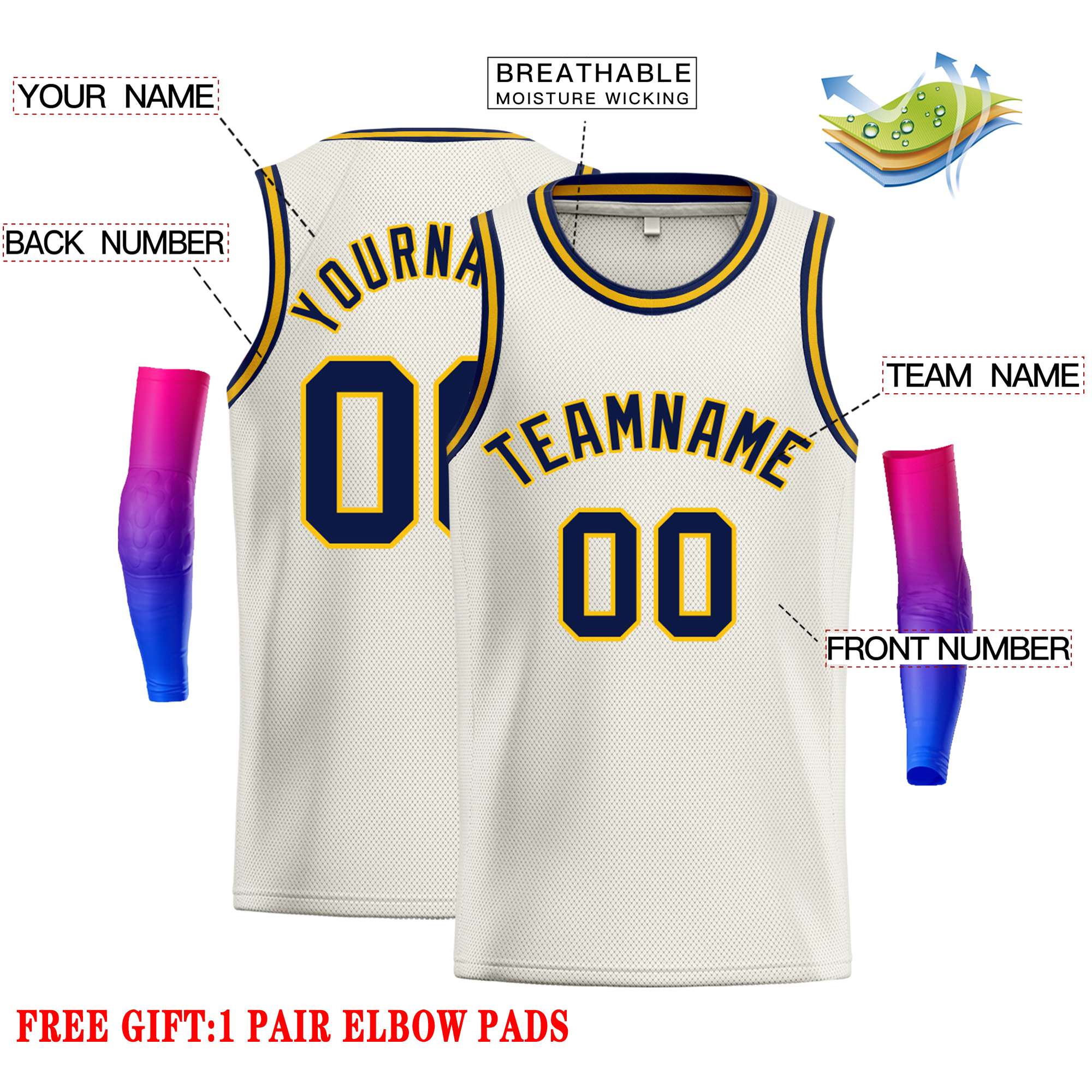 Maillot de basket-ball classique personnalisé crème bleu marine et jaune