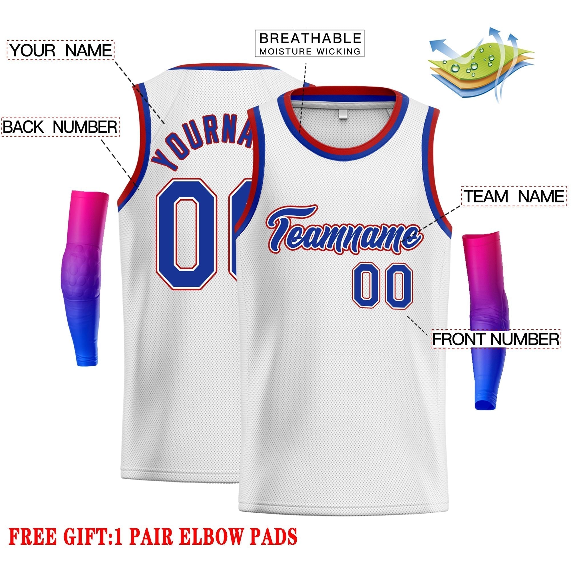 Maillot de basket-ball classique personnalisé blanc royal-rouge pour homme