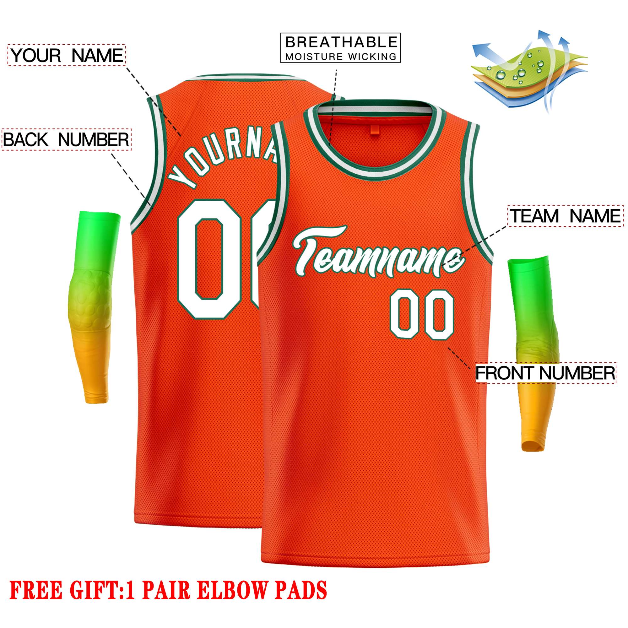 Maillot de basket-ball décontracté personnalisé orange blanc-vert classique