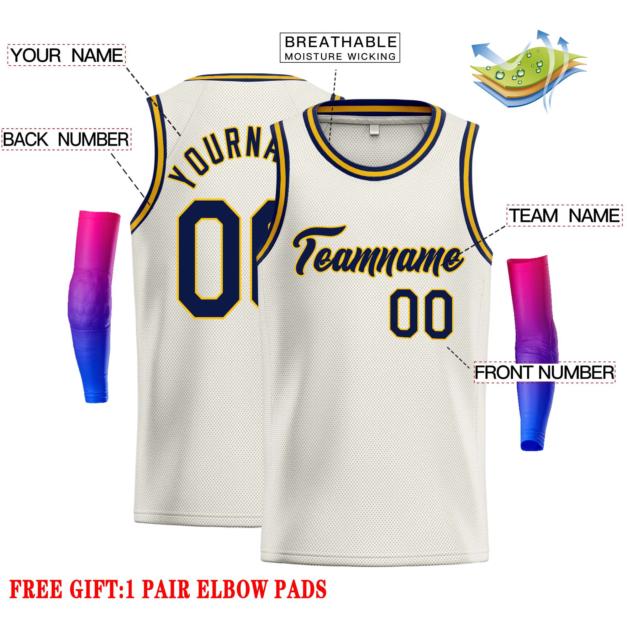 Maillot de basket-ball classique personnalisé crème bleu marine et jaune