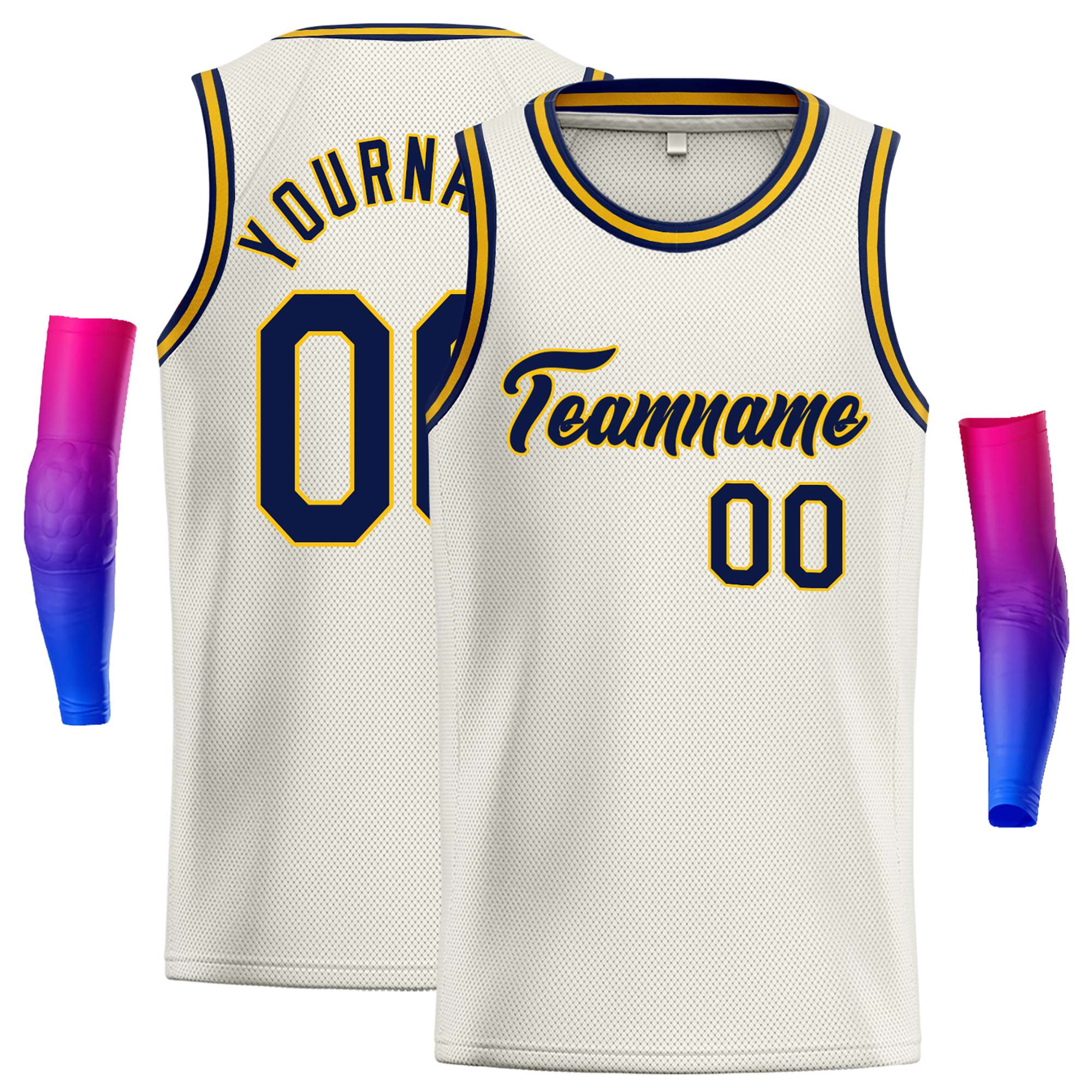 Maillot de basket-ball classique personnalisé crème bleu marine et jaune