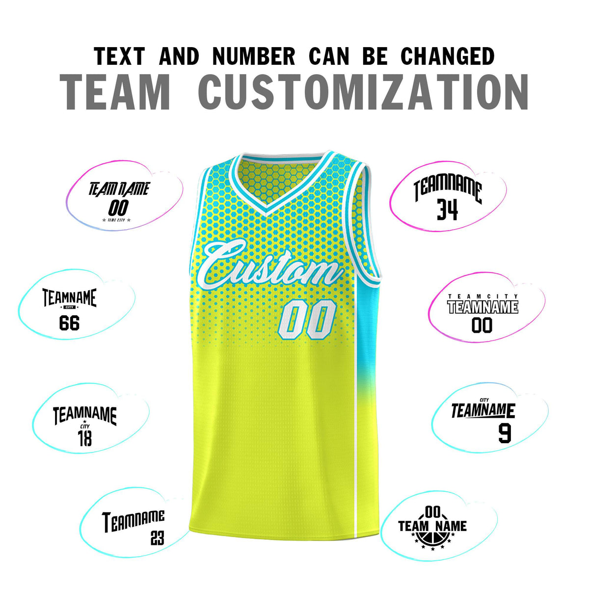 Custom Fluorescent Green Sky Blue Reversible Side Gradient Sports Uniform Dot Pattern Basketball Jersey Kits