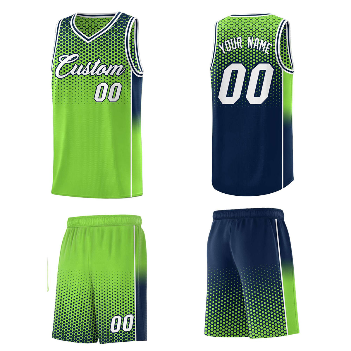 Custom Neon Green Navy Reversible Side Gradient Sports Uniform Dot Pattern Basketball Jersey Kits