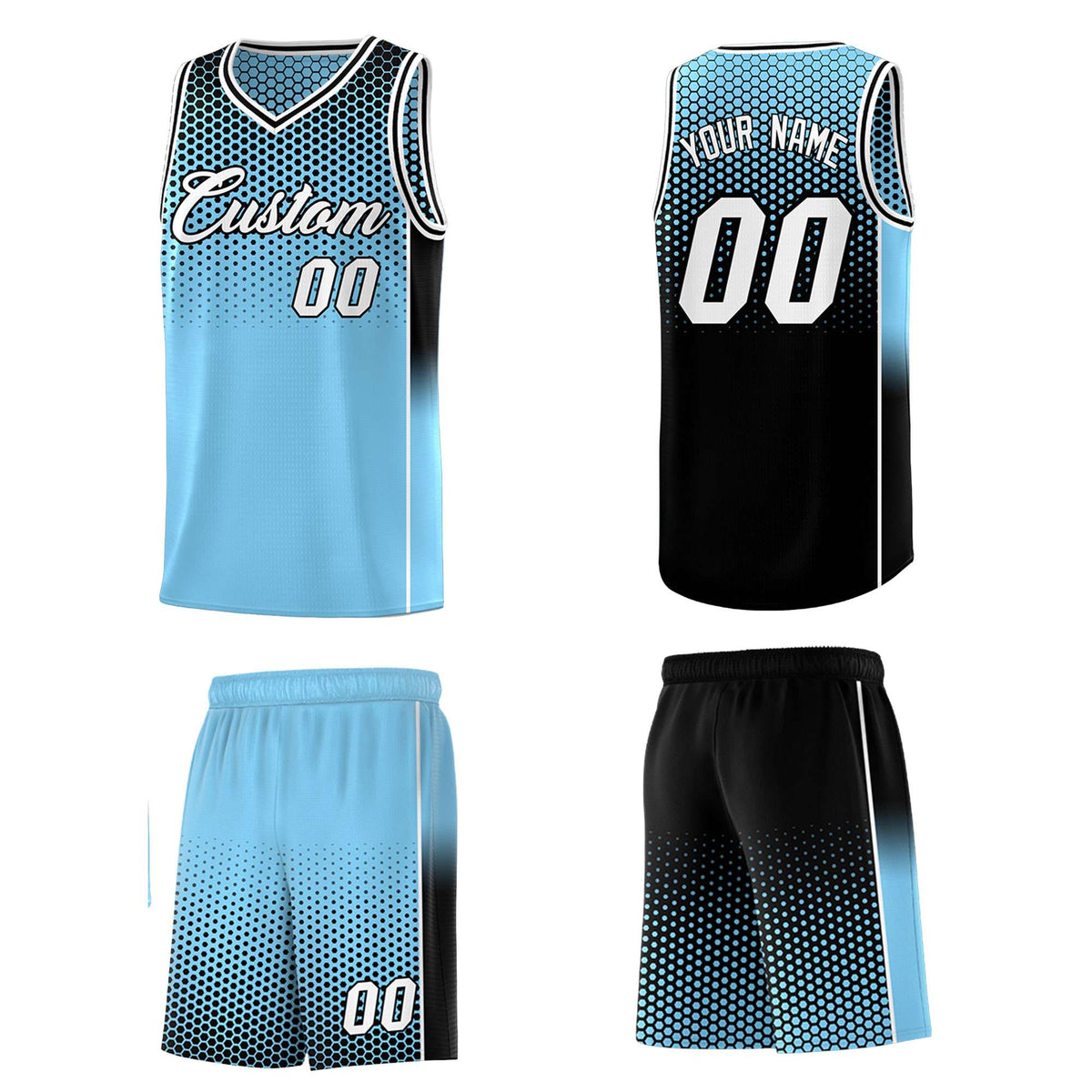 Custom Powder Blue Black Reversible Side Gradient Sports Uniform Dot Pattern Basketball Jersey Kits