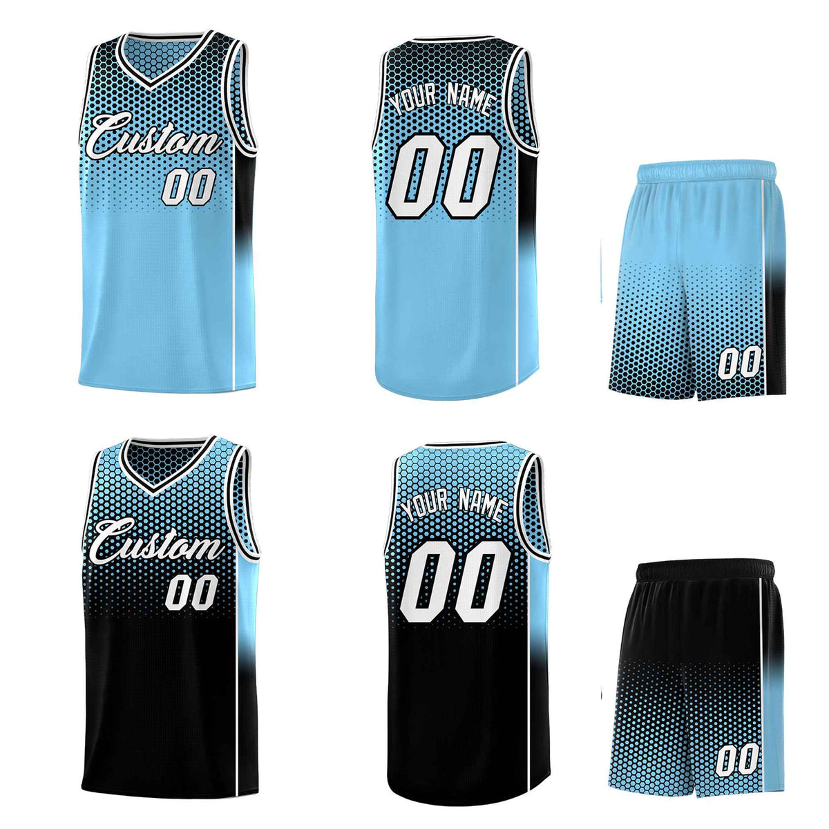 Custom Powder Blue Black Reversible Side Gradient Sports Uniform Dot Pattern Basketball Jersey Kits