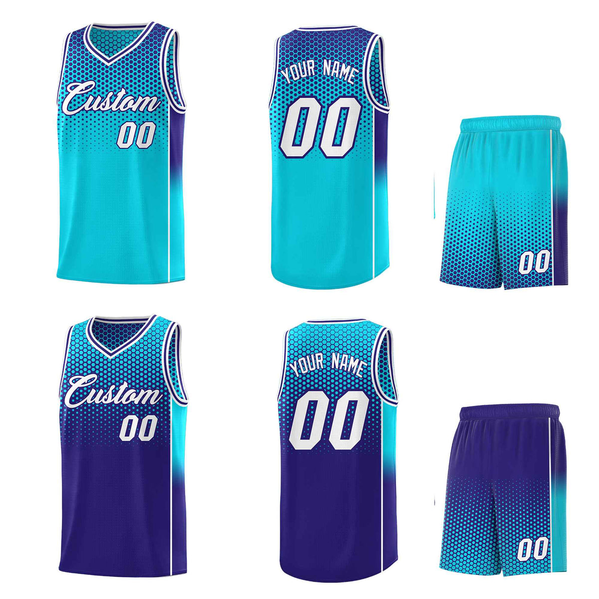 Custom Sky Blue Navy Reversible Side Gradient Sports Uniform Dot Pattern Basketball Jersey Kits