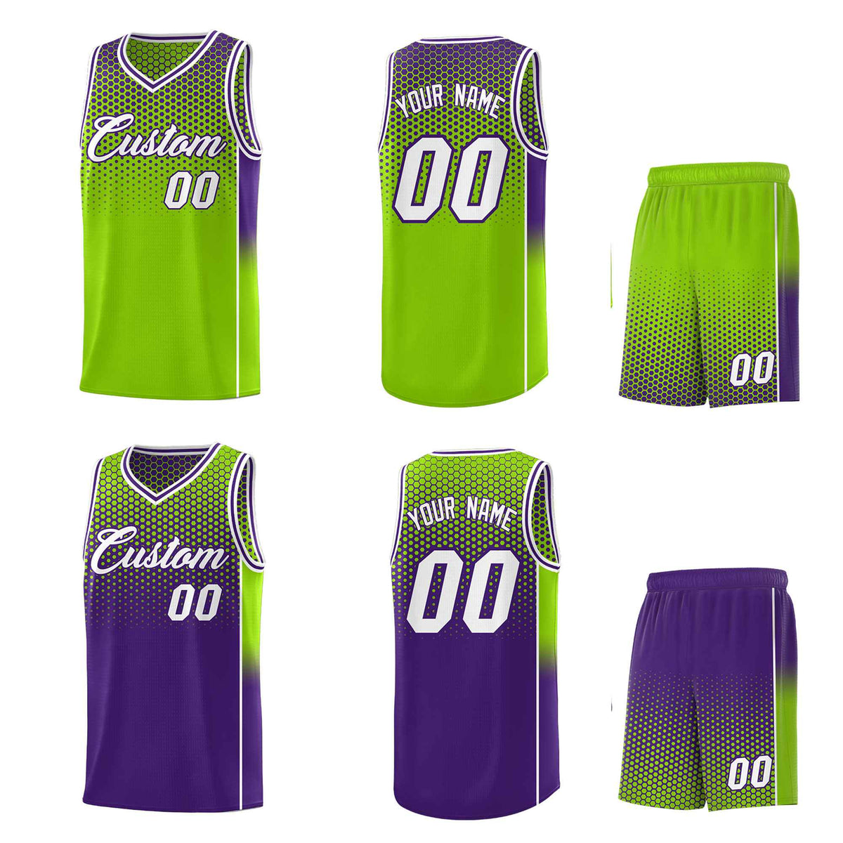 Custom Neon Green Purple Reversible Side Gradient Sports Uniform Dot Pattern Basketball Jersey Kits