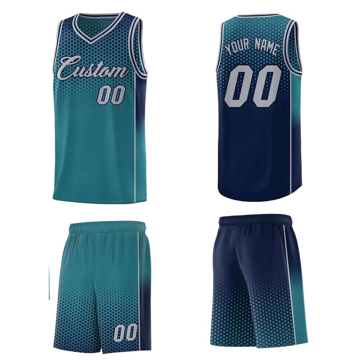 Custom Aqua Navy Reversible Side Gradient Sports Uniform Dot Pattern Basketball Jersey Kits
