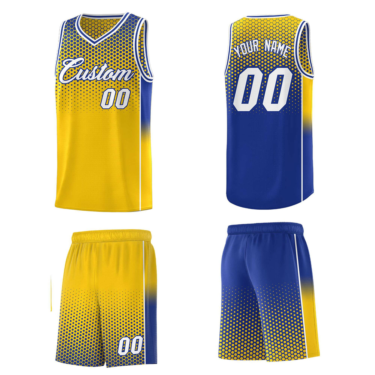 Custom Gold Royal Reversible Side Gradient Sports Uniform Dot Pattern Basketball Jersey Kits