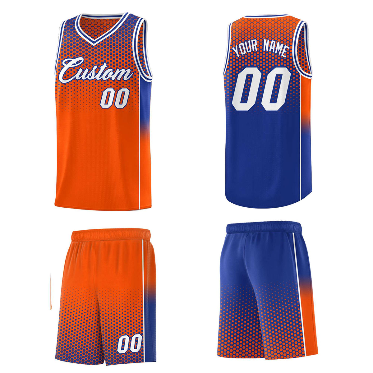 Custom Orange Royal Reversible Side Gradient Sports Uniform Dot Pattern Basketball Jersey Kits