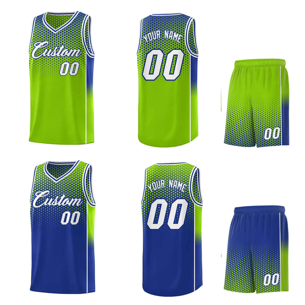 Custom Neon Green Royal Reversible Side Gradient Sports Uniform Dot Pattern Basketball Jersey Kits