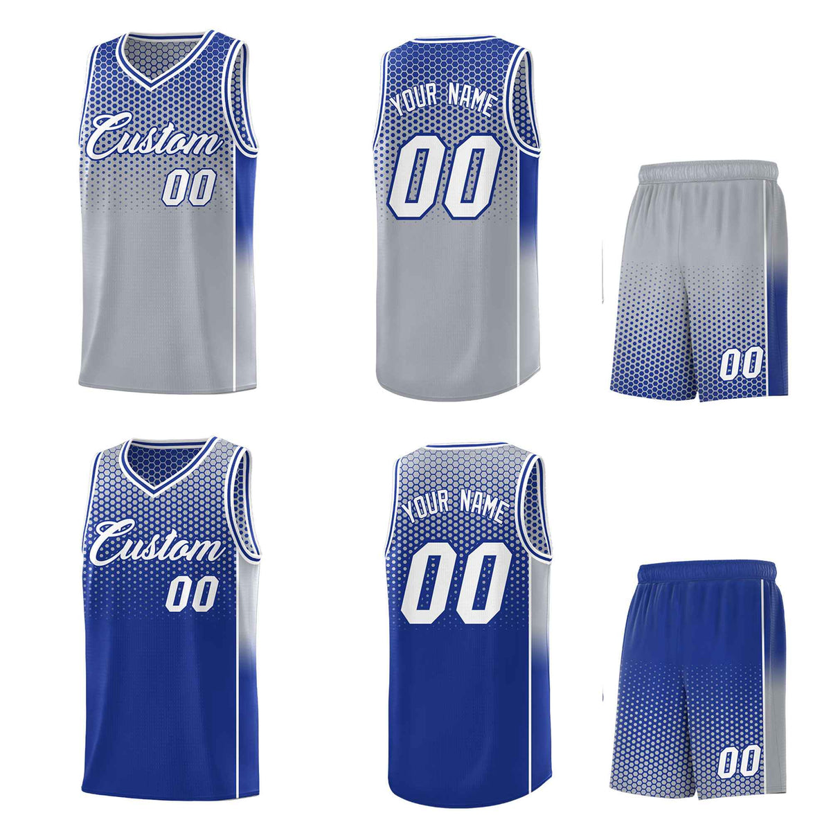 Custom Gray Royal Reversible Side Gradient Sports Uniform Dot Pattern Basketball Jersey Kits