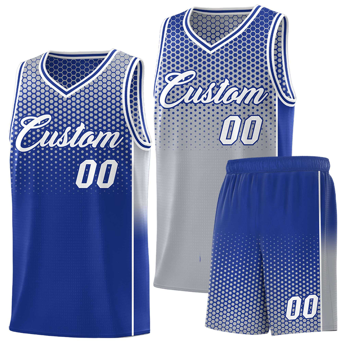 Custom Gray Royal Reversible Side Gradient Sports Uniform Dot Pattern Basketball Jersey Kits