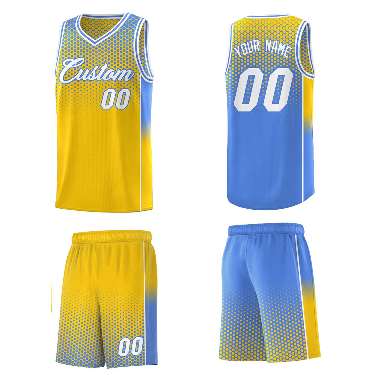 Custom Gold Light Blue Reversible Side Gradient Sports Uniform Dot Pattern Basketball Jersey Kits