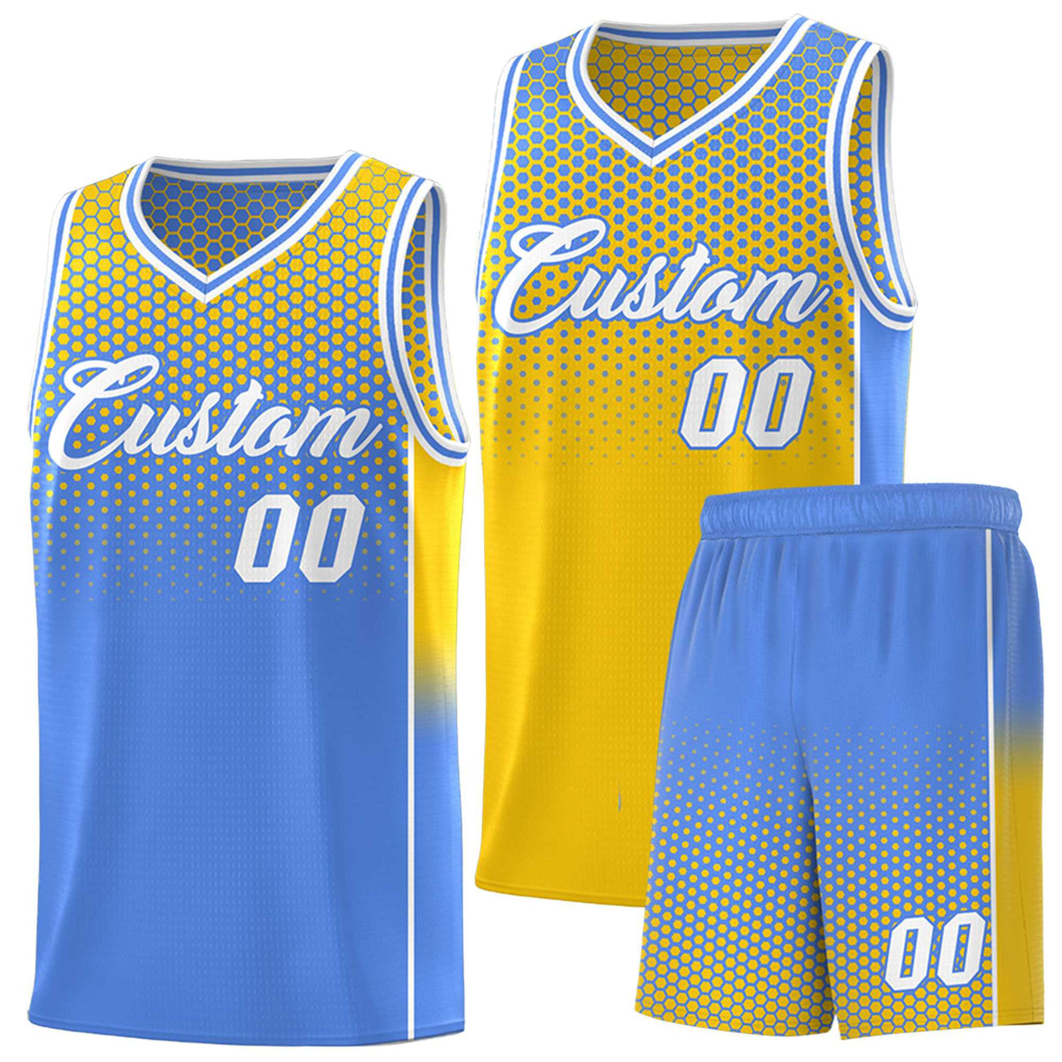 Custom Gold Light Blue Reversible Side Gradient Sports Uniform Dot Pattern Basketball Jersey Kits