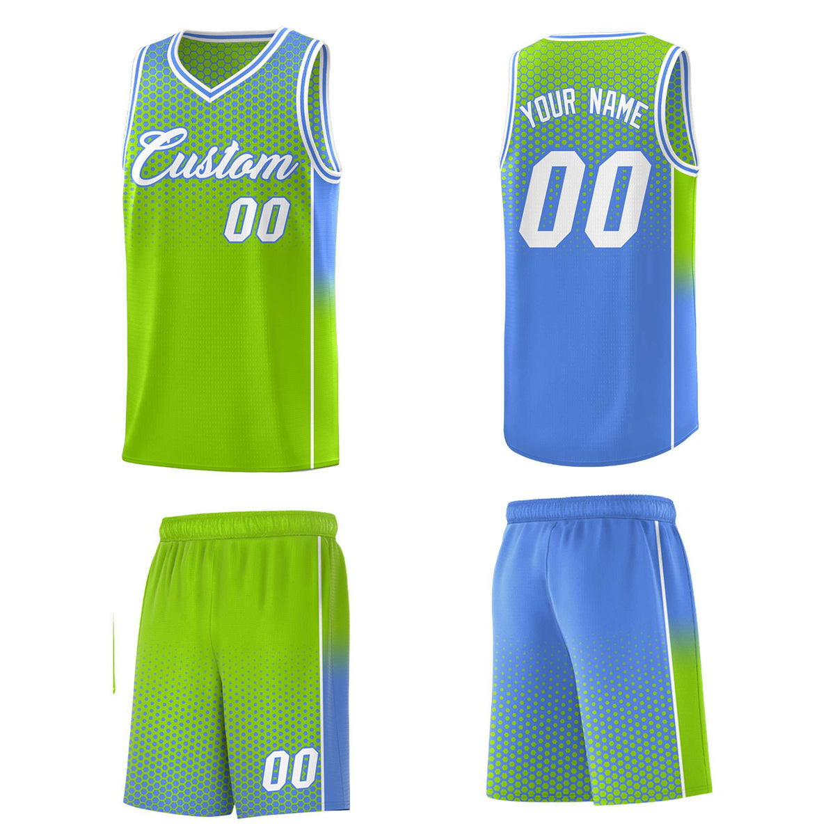 Custom Neon Green Light Blue Reversible Side Gradient Sports Uniform Dot Pattern Basketball Jersey Kits