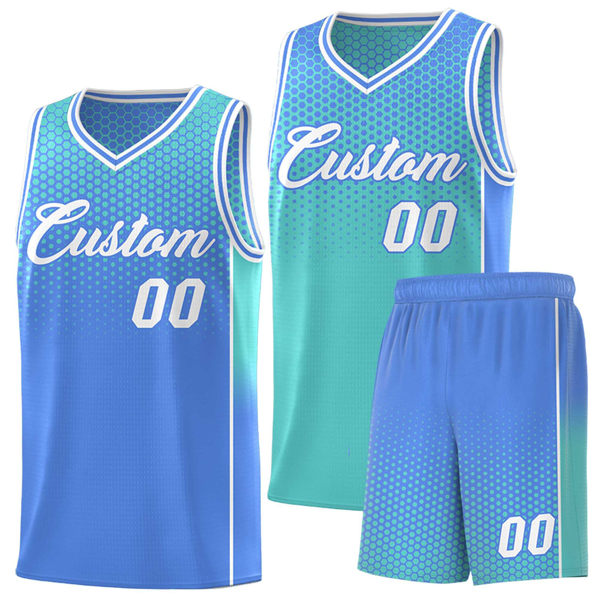 Custom Bright Green Light Blue Reversible Side Gradient Sports Uniform Dot Pattern Basketball Jersey Kits