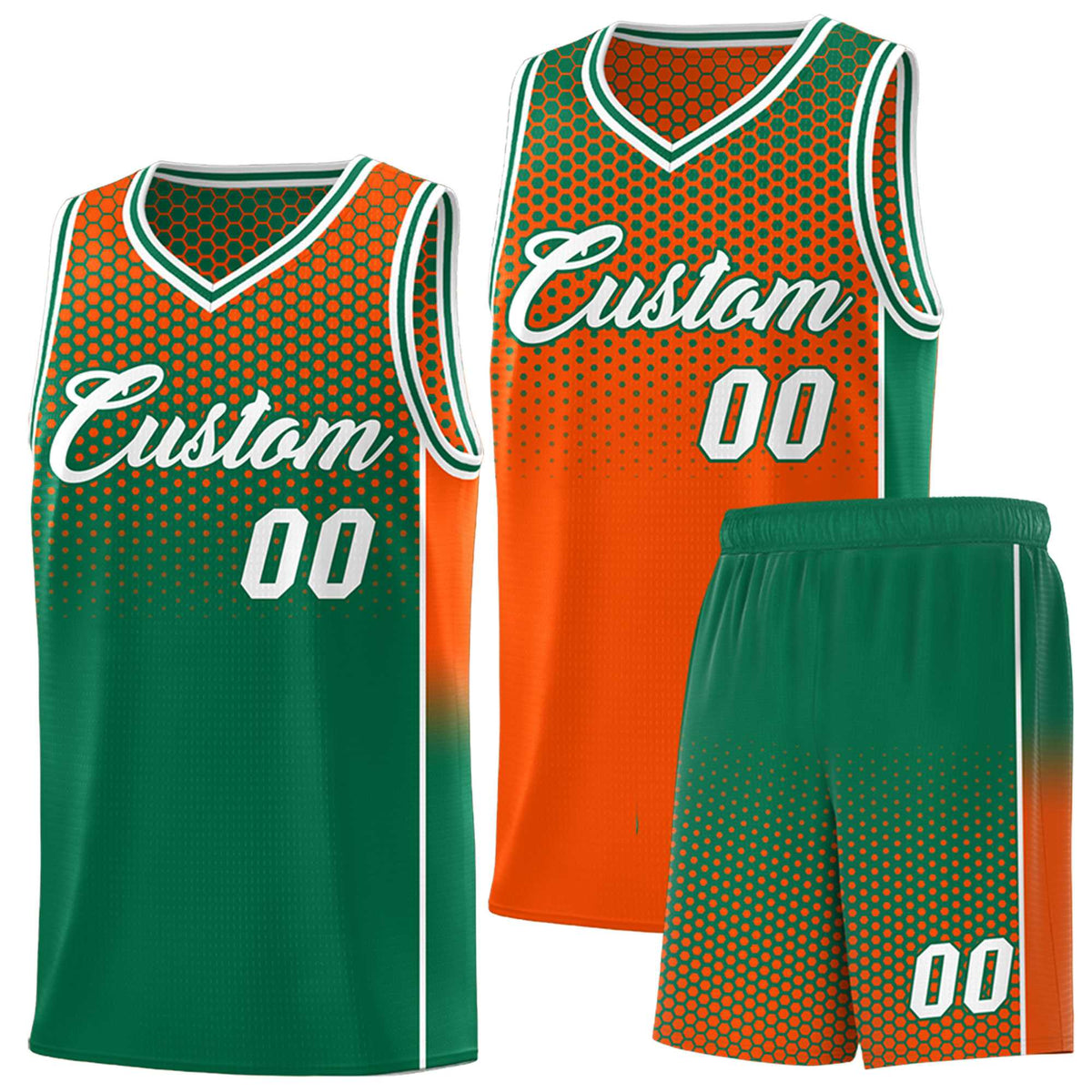 Custom Orange Kelly Green Reversible Side Gradient Sports Uniform Dot Pattern Basketball Jersey Kits