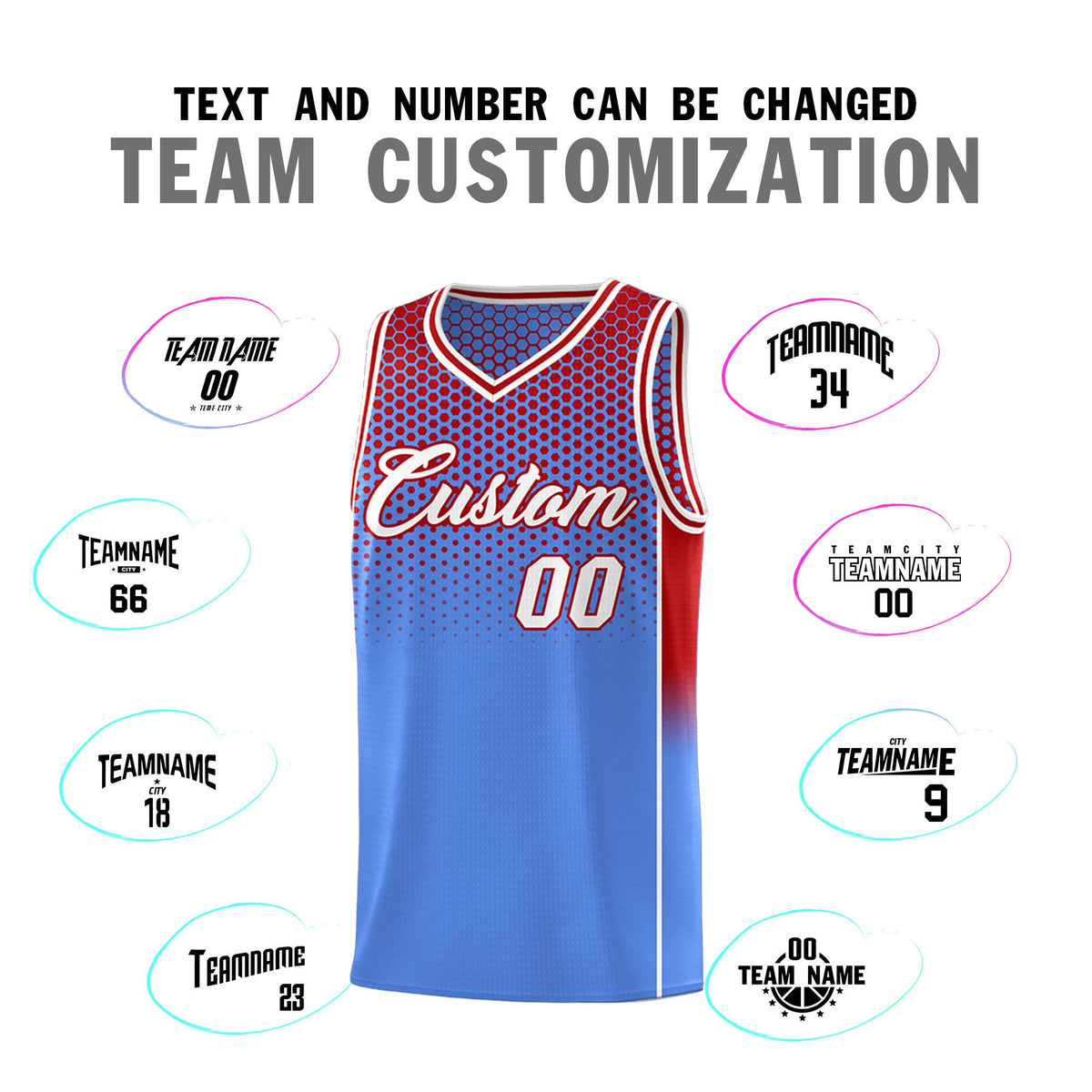 Custom Light Blue Red Reversible Side Gradient Sports Uniform Dot Pattern Basketball Jersey Kits