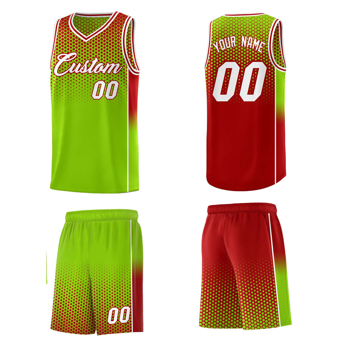 Custom Neon Green Red Reversible Side Gradient Sports Uniform Dot Pattern Basketball Jersey Kits