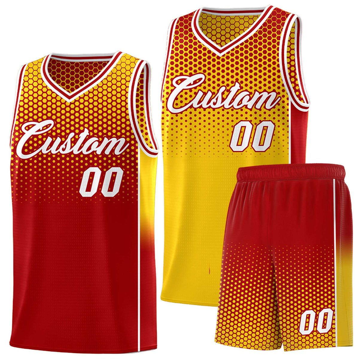 Custom Gold Red Reversible Side Gradient Sports Uniform Dot Pattern Basketball Jersey Kits
