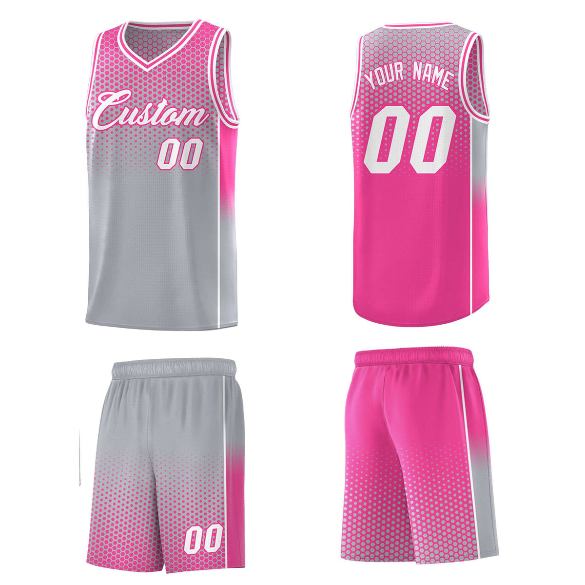 Custom Gray Pink Reversible Side Gradient Sports Uniform Dot Pattern Basketball Jersey Kits