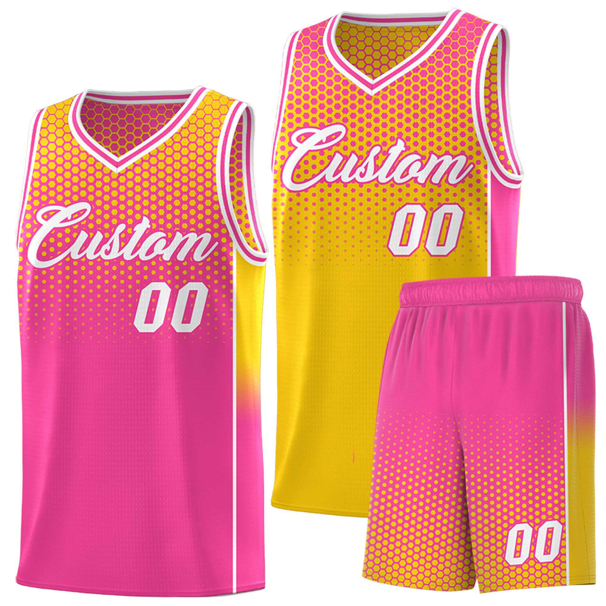 Custom Gold Pink Reversible Side Gradient Sports Uniform Dot Pattern Basketball Jersey Kits