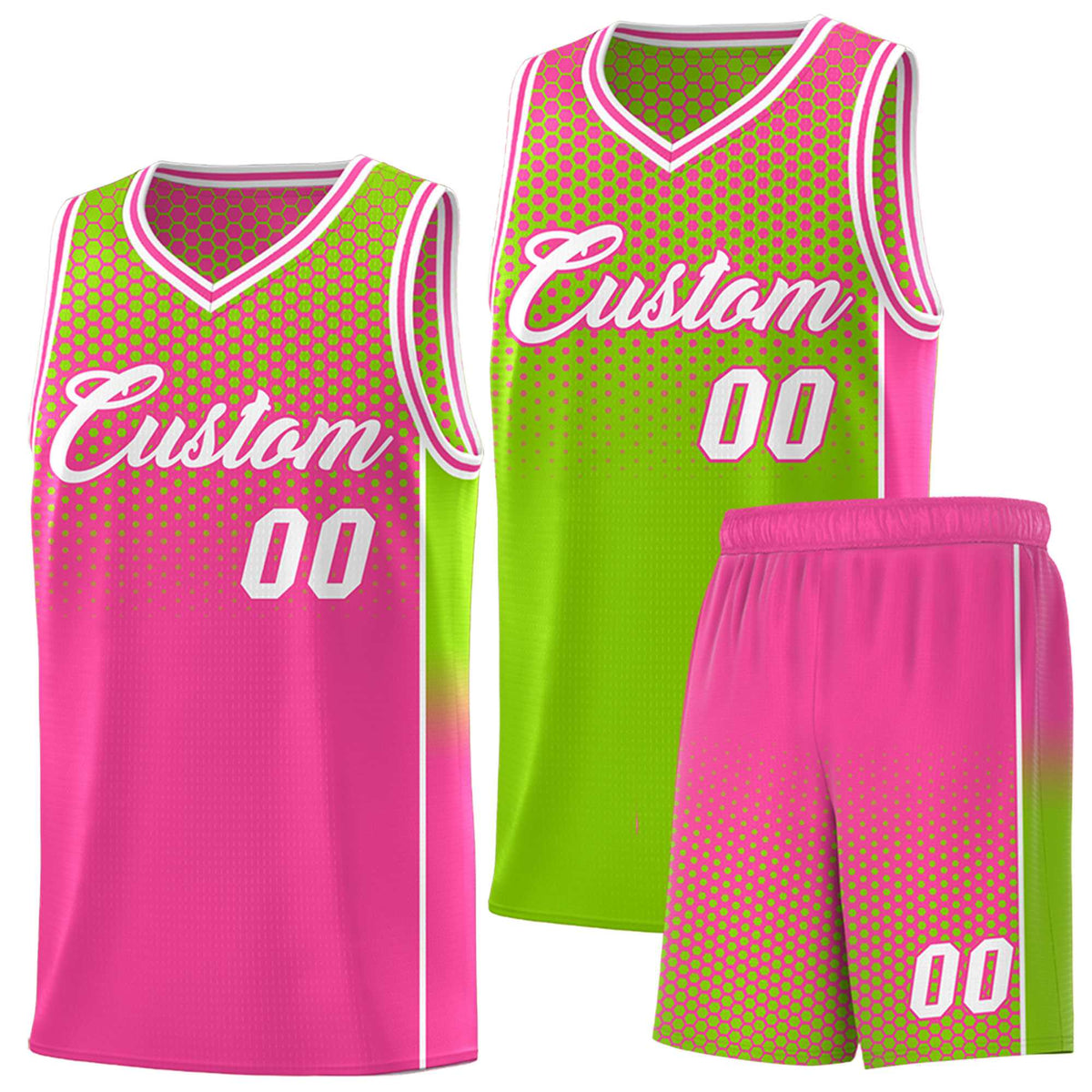 Custom Neon Green Pink Reversible Side Gradient Sports Uniform Dot Pattern Basketball Jersey Kits