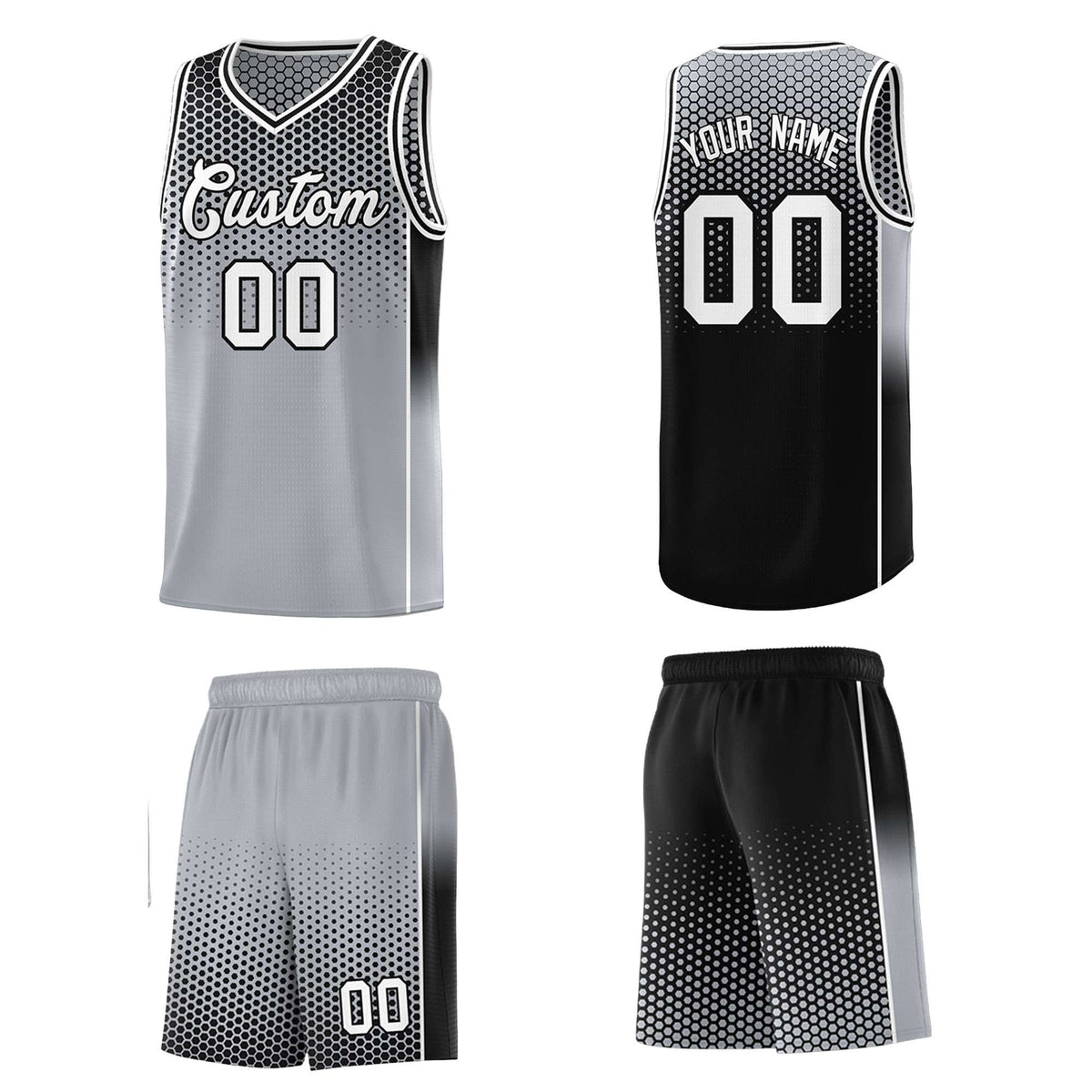 Custom Gray Black Reversible Side Gradient Sports Uniform Dot Pattern Basketball Jersey Kits