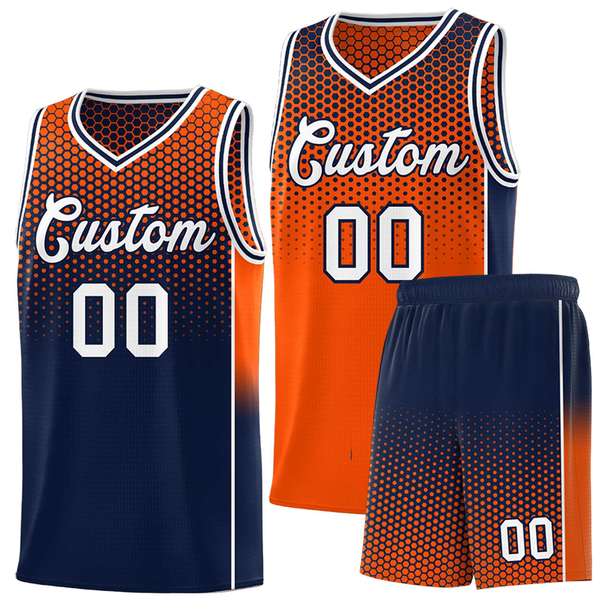 Custom Orange Navy Reversible Side Gradient Sports Uniform Dot Pattern Basketball Jersey Kits