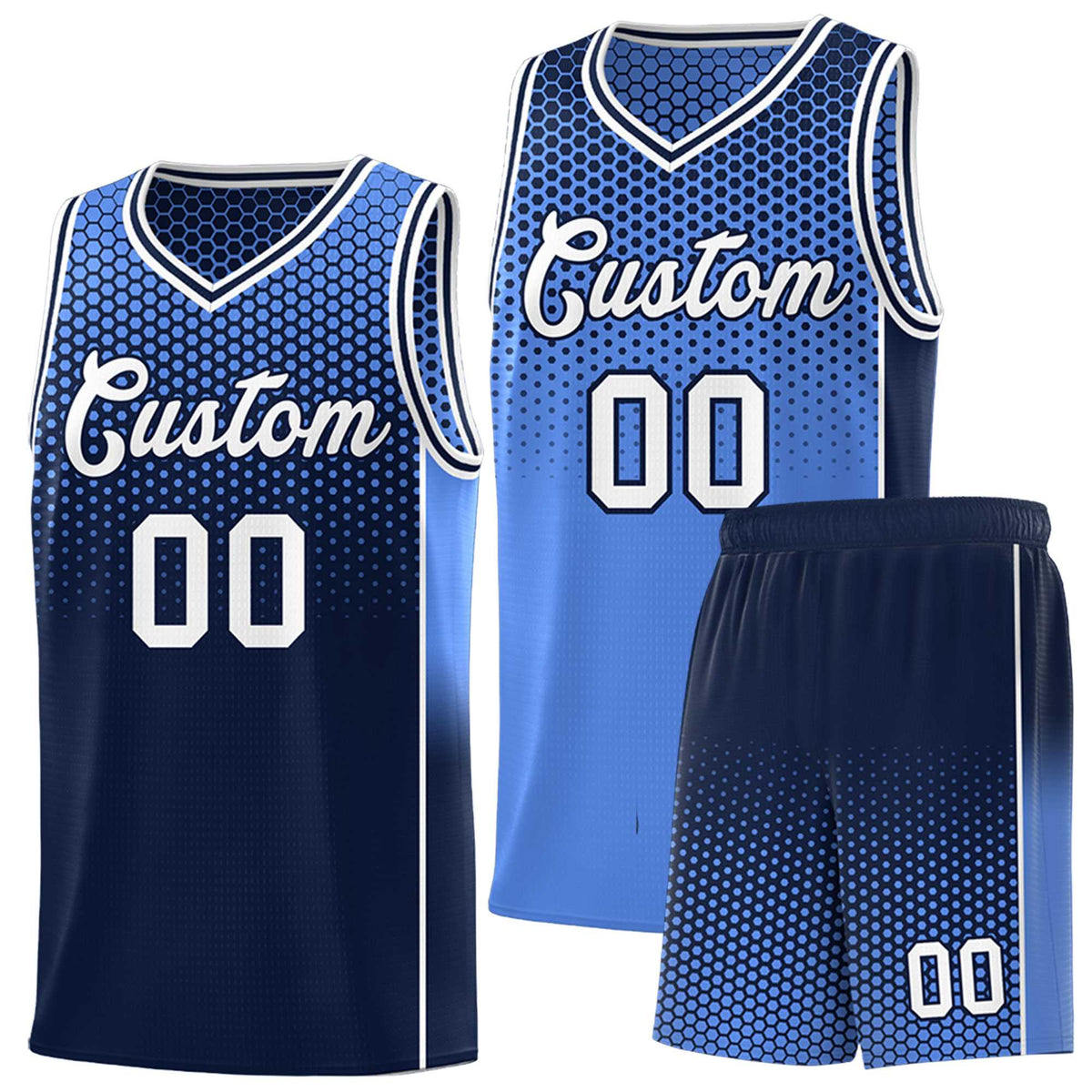 Custom Light Blue Navy Reversible Side Gradient Sports Uniform Dot Pattern Basketball Jersey Kits