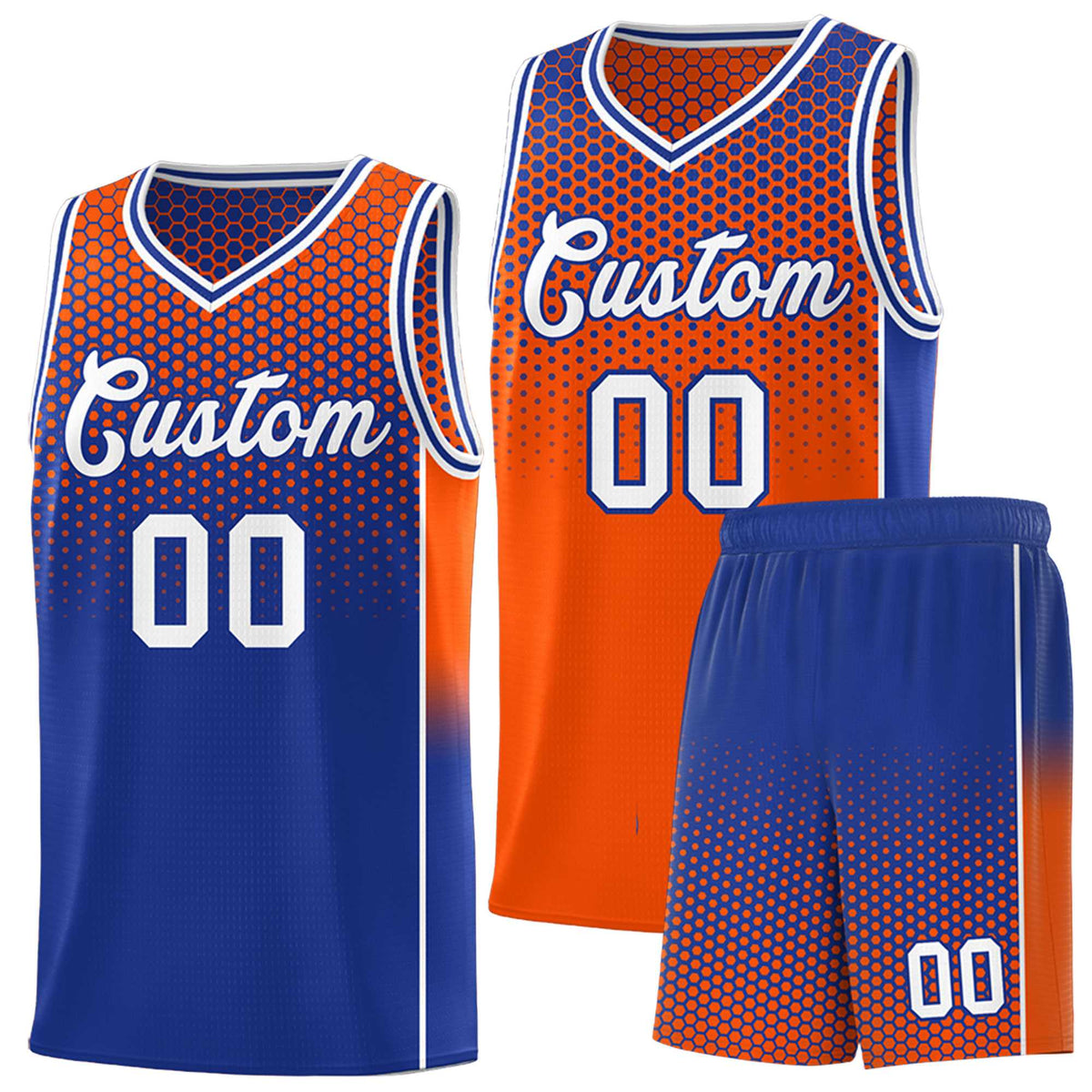 Custom Orange Royal Reversible Side Gradient Sports Uniform Dot Pattern Basketball Jersey Kits