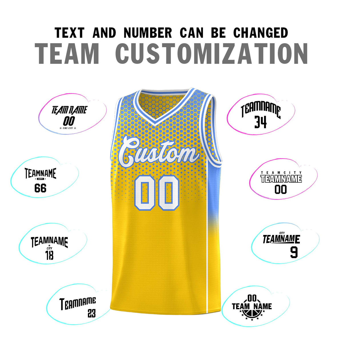Custom Gold Light Blue Reversible Side Gradient Sports Uniform Dot Pattern Basketball Jersey Kits