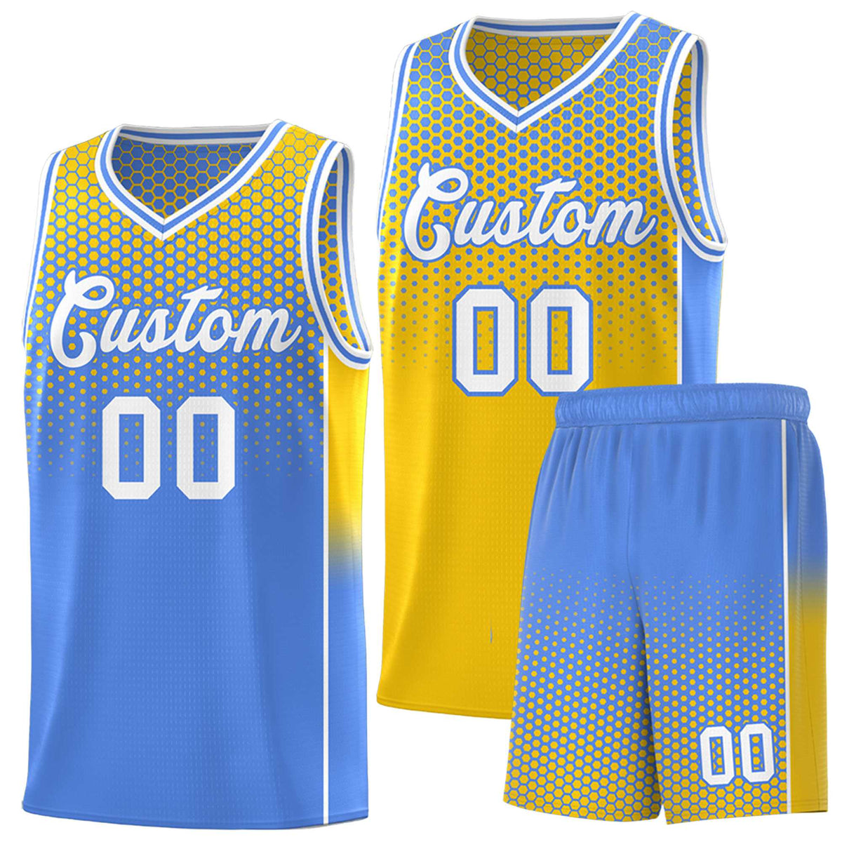 Custom Gold Light Blue Reversible Side Gradient Sports Uniform Dot Pattern Basketball Jersey Kits