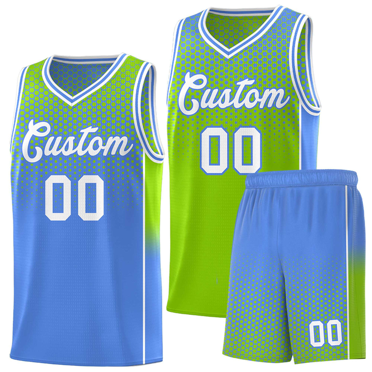 Custom Neon Green Light Blue Reversible Side Gradient Sports Uniform Dot Pattern Basketball Jersey Kits