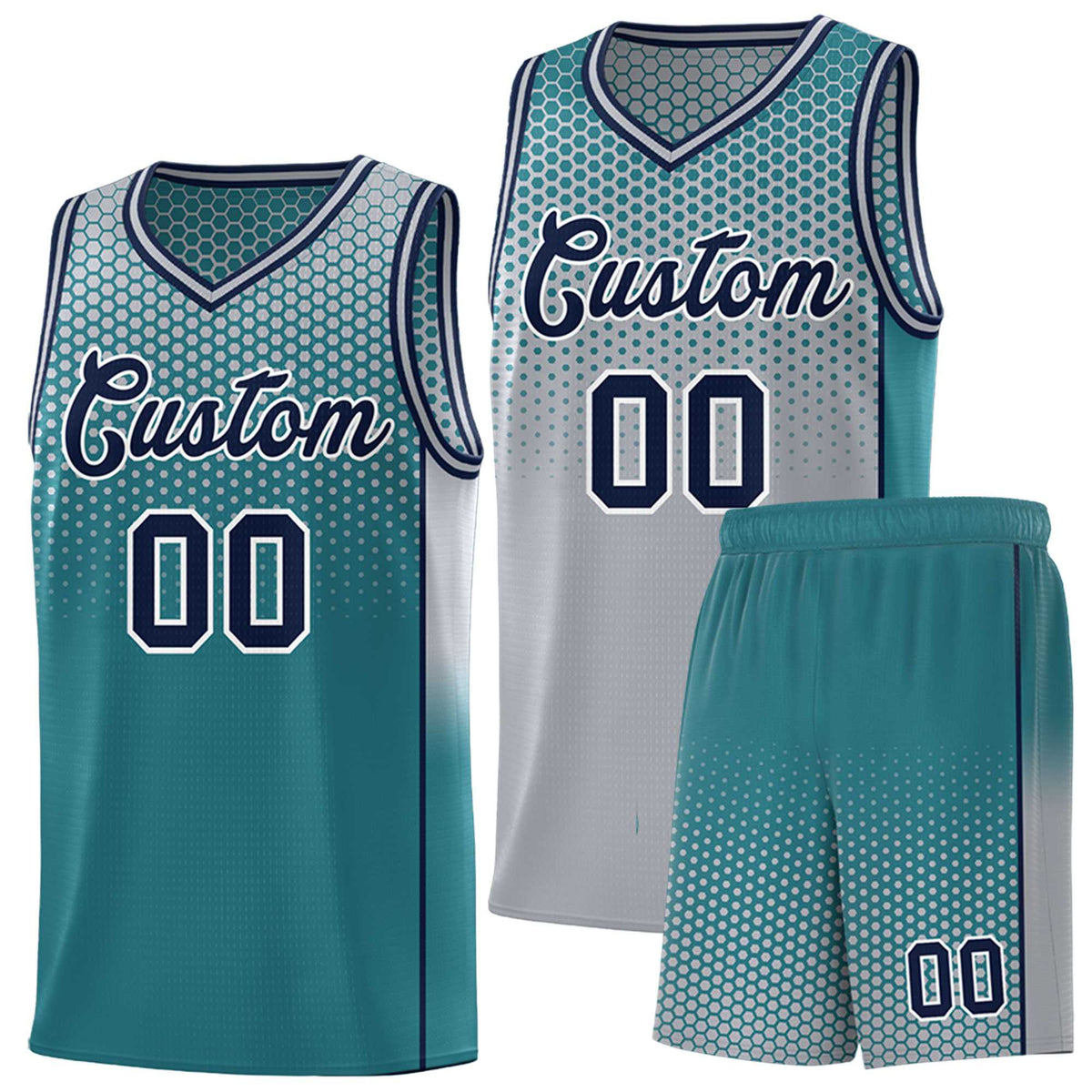 Custom Gray Aqua Reversible Side Gradient Sports Uniform Dot Pattern Basketball Jersey Kits