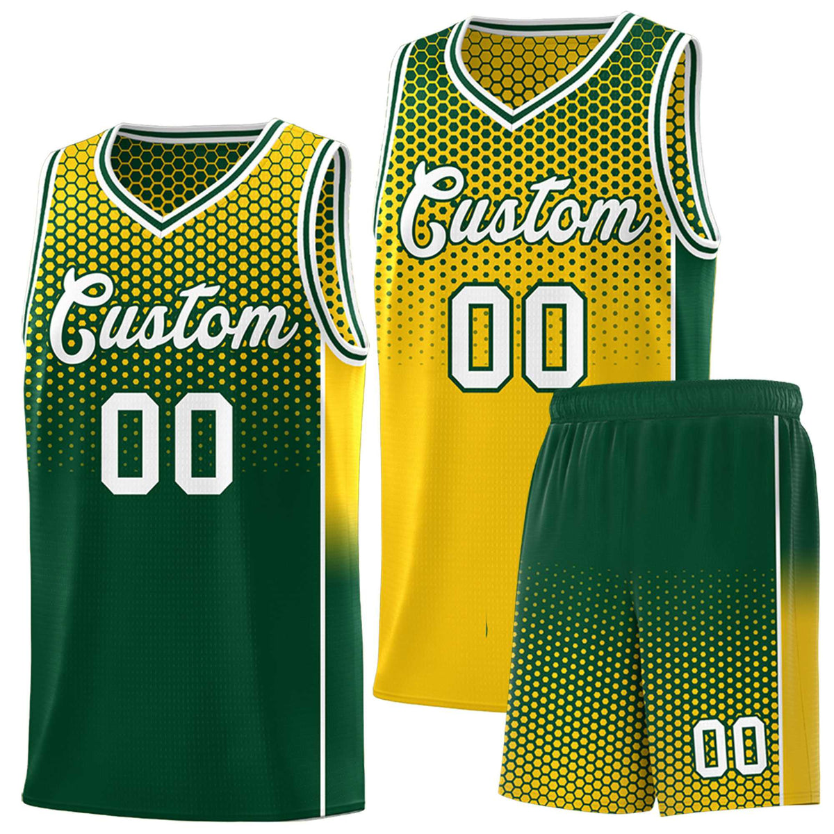 Custom Gold Green Reversible Side Gradient Sports Uniform Dot Pattern Basketball Jersey Kits