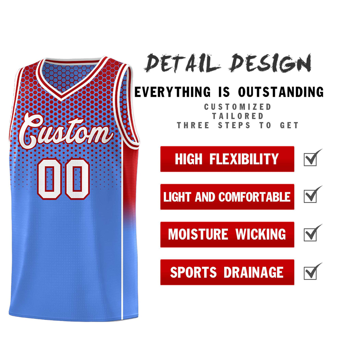Custom Light Blue Red Reversible Side Gradient Sports Uniform Dot Pattern Basketball Jersey Kits