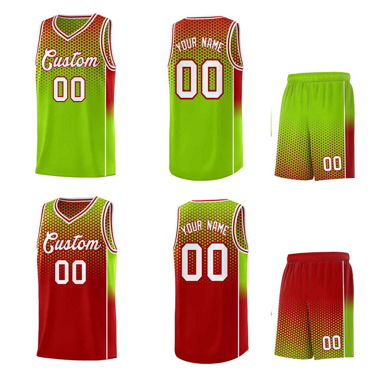 Custom Neon Green Red Reversible Side Gradient Sports Uniform Dot Pattern Basketball Jersey Kits