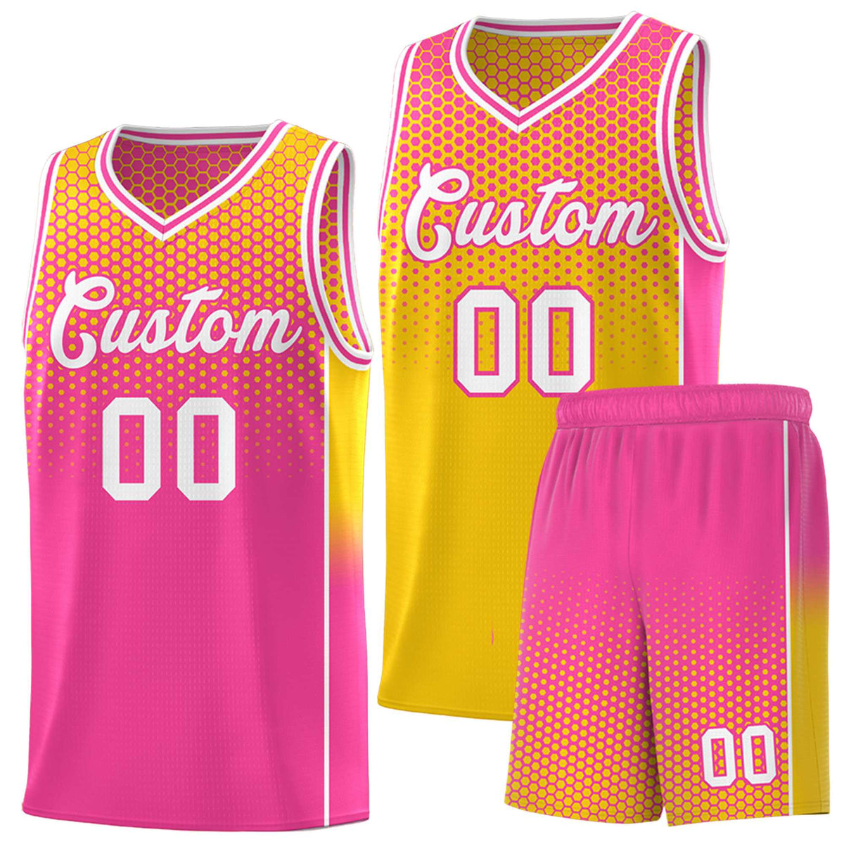 Custom Gold Pink Reversible Side Gradient Sports Uniform Dot Pattern Basketball Jersey Kits