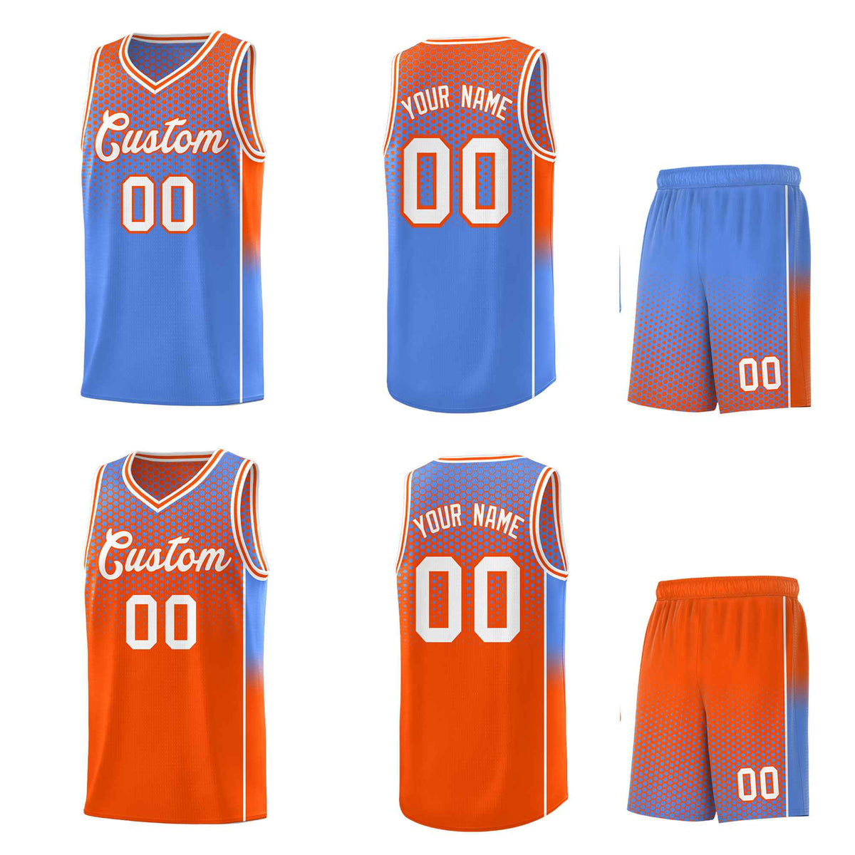 Custom Light Blue Orange Reversible Side Gradient Sports Uniform Dot Pattern Basketball Jersey Kits